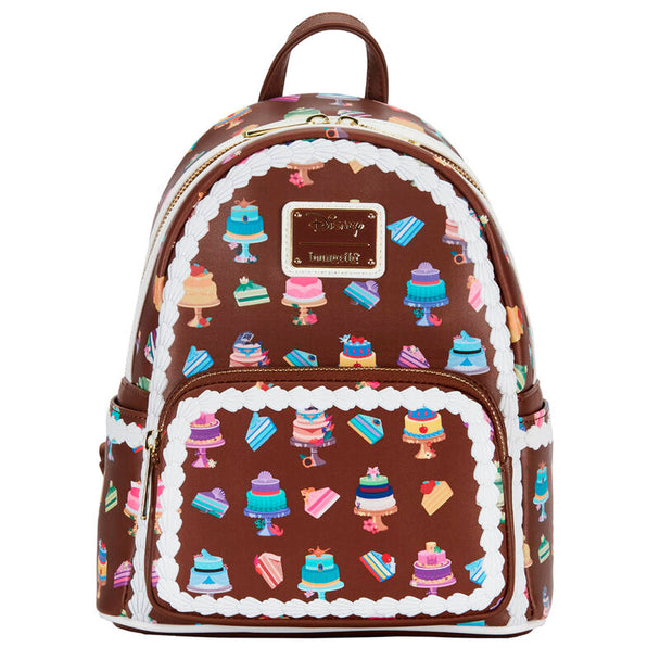 Vue avant du sac à dos Loungefly Disney Princess Cakes avec motifs colorés et logo Loungefly