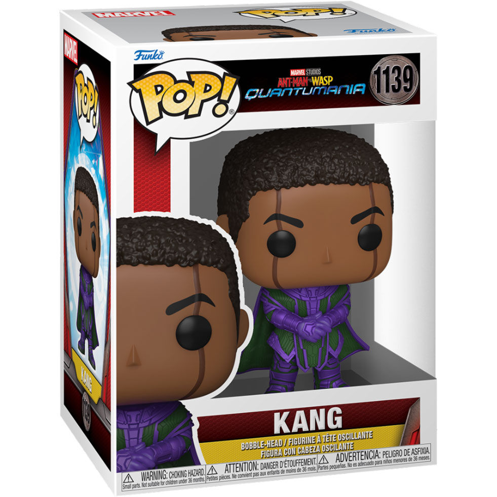 Emballage complet de la figurine Funko POP Marvel Kang avec logo et illustrations du film Ant-Man and the Wasp Quantumania.