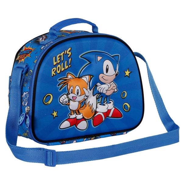 Vue de côté du sac repas Sonic avec poignée renforcée et bandoulière ajustable en tissu bleu