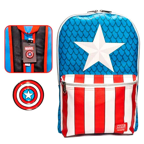 Sac à dos Loungefly Captain America Marvel vu de face avec pin distinctif, dimensions 30x45x13,75cm