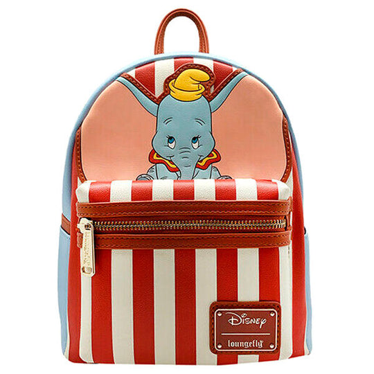 Sac à dos Loungefly Disney Dumbo rayé vu de face avec logo Dumbo sur fond blanc