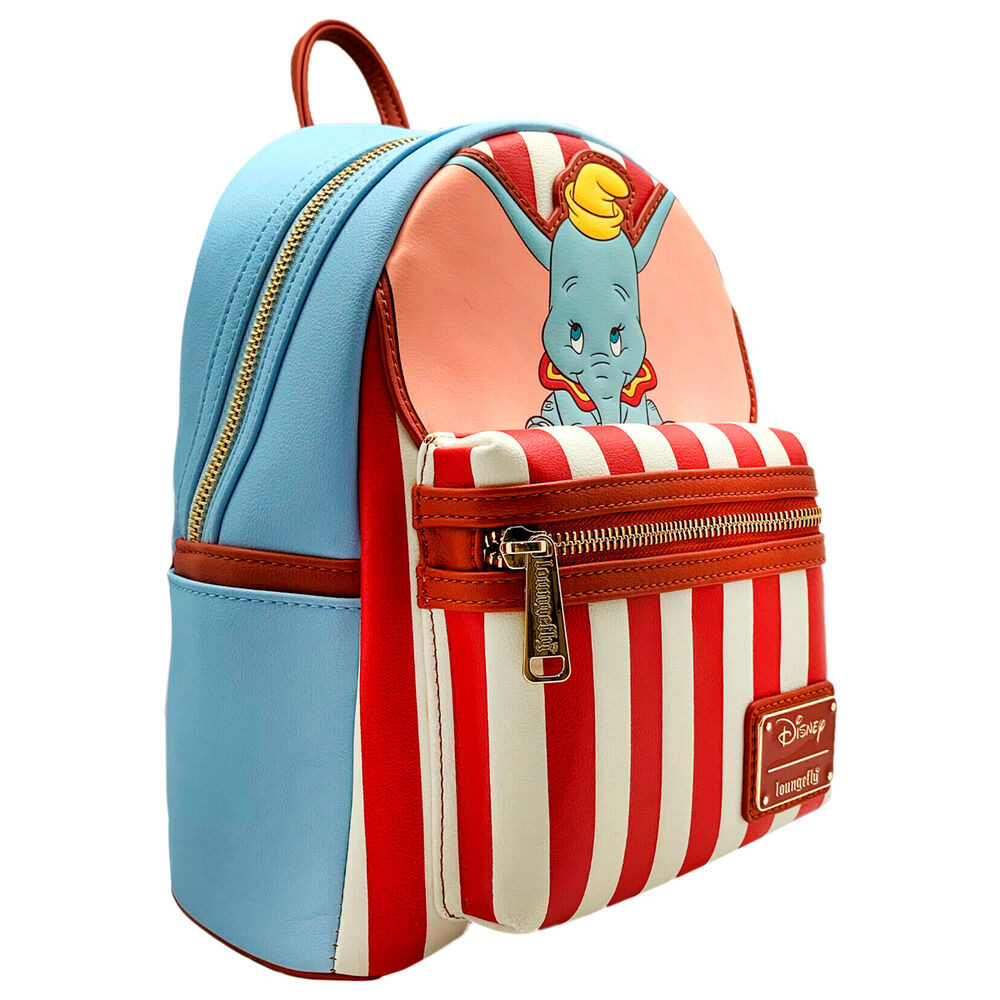 Vue latérale du sac à dos Dumbo Loungefly montrant les bretelles réglables et la texture rayée