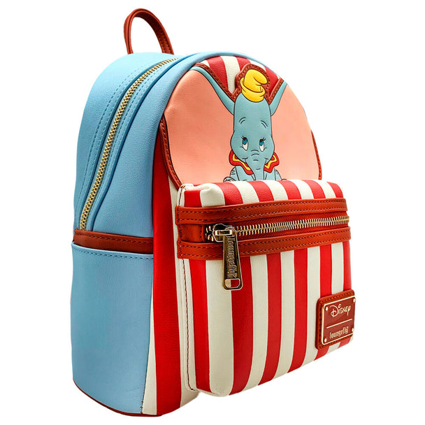 Vue latérale du sac à dos Dumbo Loungefly montrant les bretelles réglables et la texture rayée