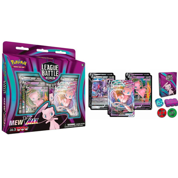 Vue du blister Pokémon League Battle Mew VMAX avec cartes holographiques et accessoires BANDAI
