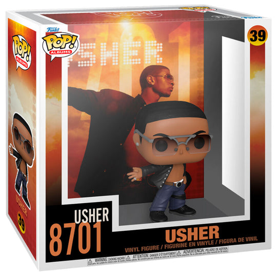 Figurine Funko POP d'Usher en tenue noire inspirée de l'album 8701 vue de face avec détails précis