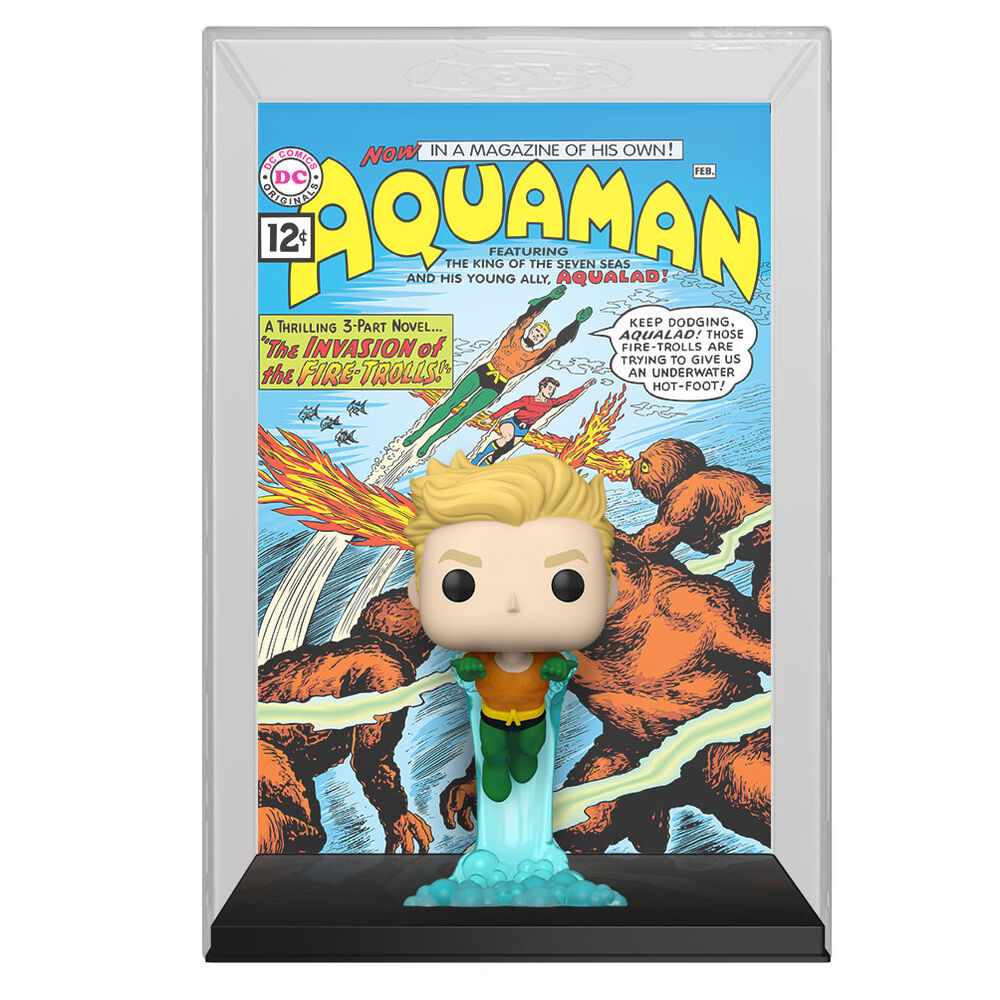 Zoom sur la tête et les traits du visage de la figurine POP Aquaman Comic Cover FUNKO, mettant en valeur les détails du masque et costume.