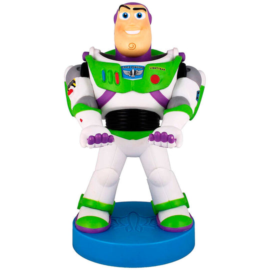 Support Buzz Lightyear Toy Story de 20cm vue avant tenant une manette de console.