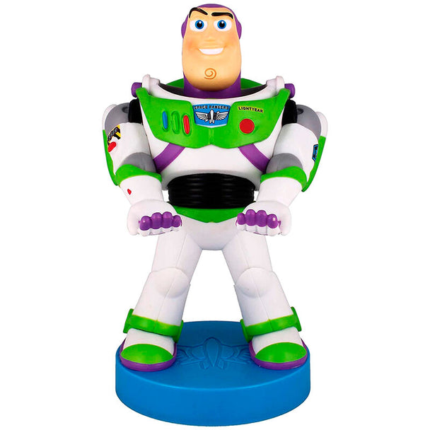 Support Buzz Lightyear Toy Story de 20cm vue avant tenant une manette de console.