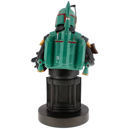 Vue de profil du support Boba Fett en position tenant un smartphone moderne