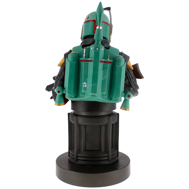 Vue de profil du support Boba Fett en position tenant un smartphone moderne