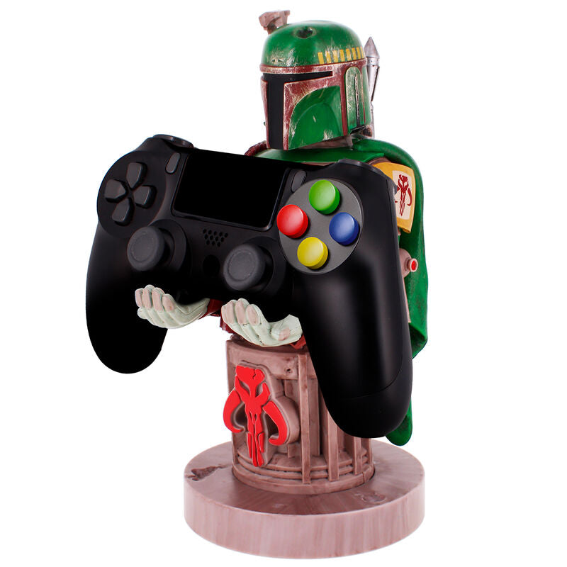 Vue latérale du support Boba Fett tenant un smartphone compatible, présentation du produit complet