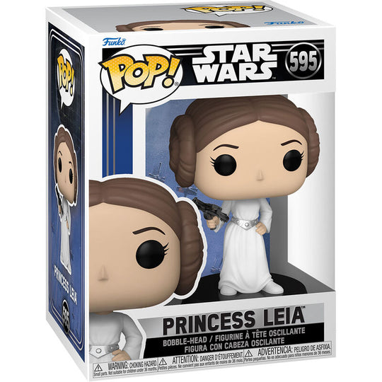 Figurine Funko POP Princesse Leia de Star Wars en vinyle, hauteur 9 cm, présentée dans sa boîte vitrine transparente.