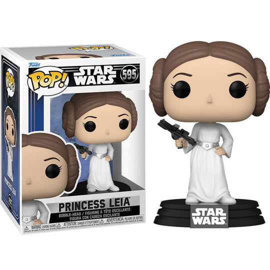 Boîte vitrine de la figurine Funko POP Princesse Leia avec illustration colorée et logo Star Wars visible sur le devant.