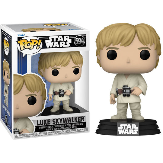 Détail de la figurine Funko POP Luke Skywalker montrant son costume emblématique et son sabre laser bleu
