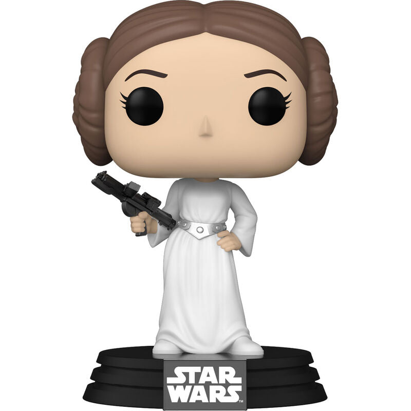 Vue rapprochée de la figurine Funko POP Princesse Leia montrant les détails précis du visage et de la tenue iconique.