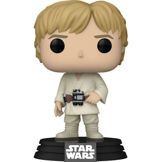 Vue de côté de la boîte vitrine de la figurine Funko POP Luke Skywalker avec logo officiel FUNKO et Star Wars