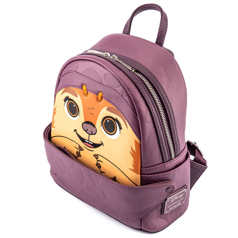 Détail des rivets et des impressions uniques sur le sac à dos Loungefly Tuk Tuk 26cm