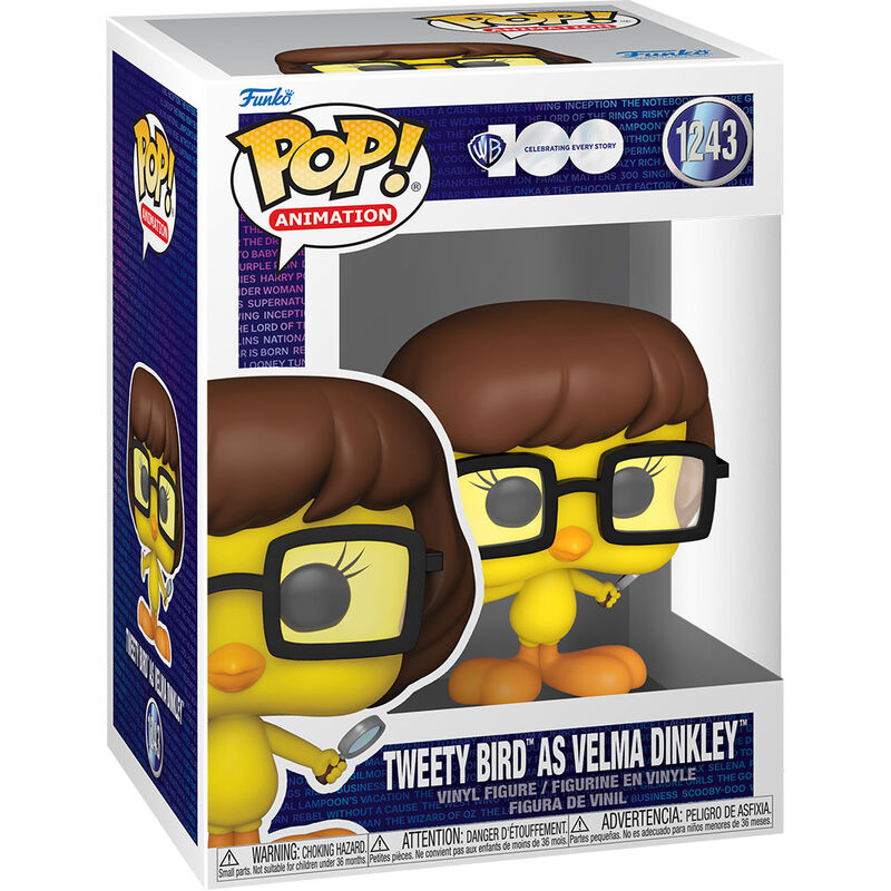 Figurine Funko POP Tweety Bird déguisé en Velma Dinkley vue de face dans sa boîte vitrine
