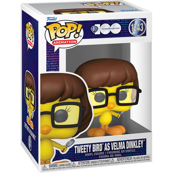 Figurine Funko POP Tweety Bird déguisé en Velma Dinkley vue de face dans sa boîte vitrine