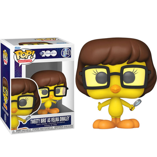 Zoom sur le visage détaillé de la figurine Tweety Bird en costume de Velma Dinkley Looney Tunes