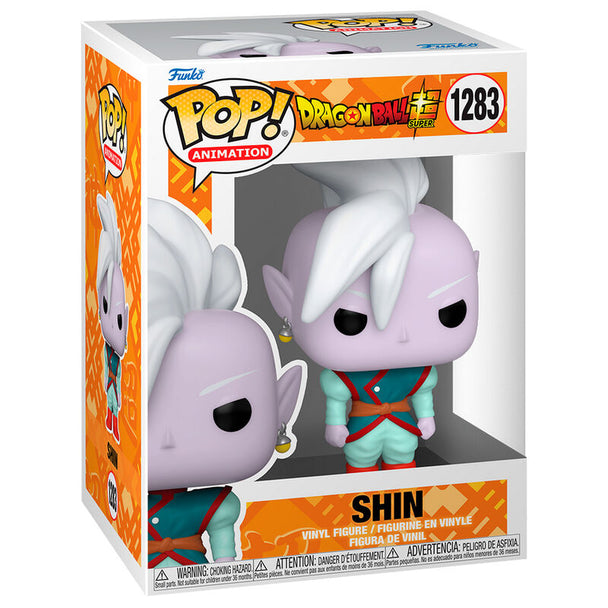 Figurine Funko POP Dragon Ball Super Shin de 9cm dans sa boîte cadeau colorée, vue de face