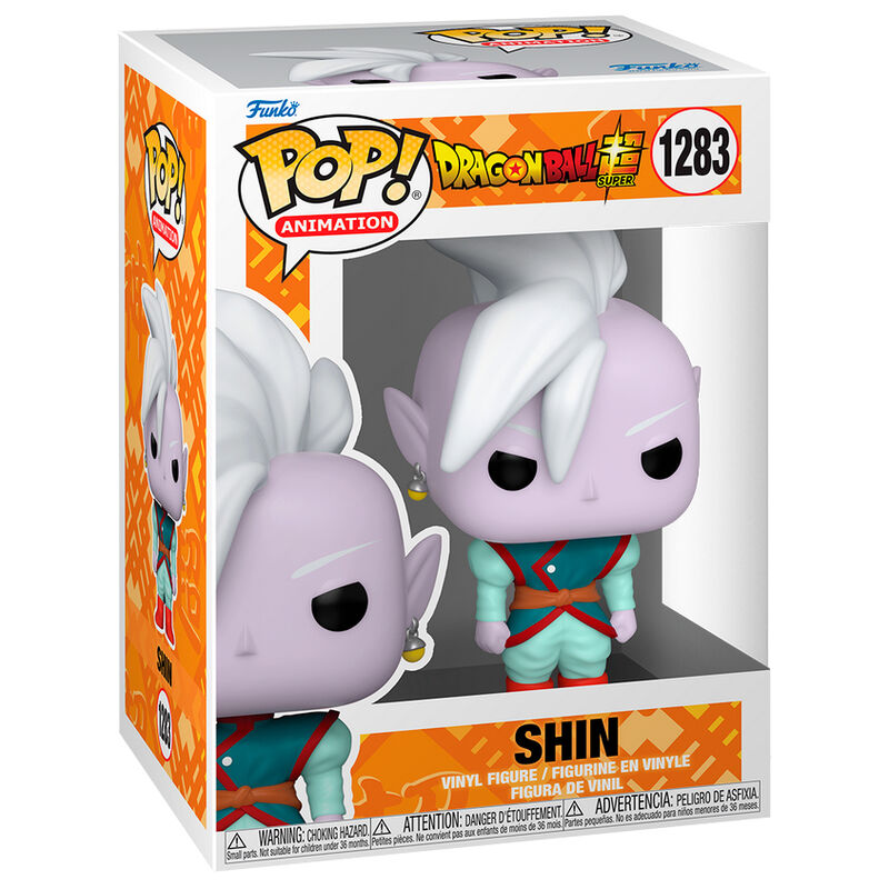 Figurine Funko POP Dragon Ball Super Shin de 9cm dans sa boîte cadeau colorée, vue de face