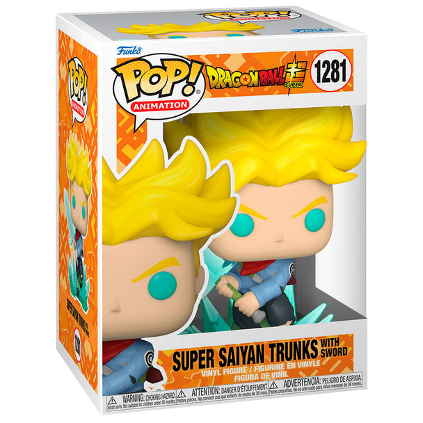 Figurine Funko POP Dragon Ball Super Super Saiyan Trunks avec épée, vue de face dans sa boîte cadeau