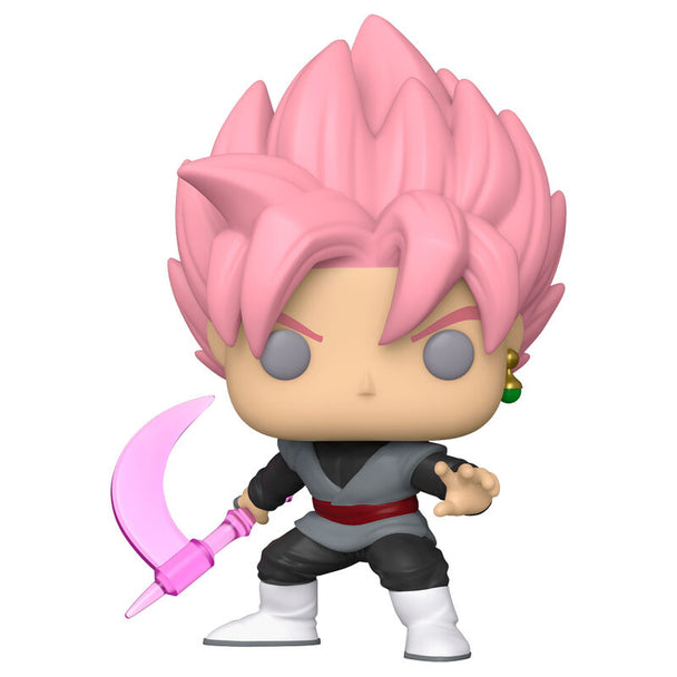 Vue de profil de la figurine Funko POP Goku Black Super Saiyan Rose montrant les cheveux roses et la posture dynamique