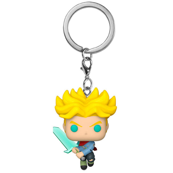 Vue rapprochée du porte-clés Trunks Super Saiyan avec détails précis de la figurine FUNKO