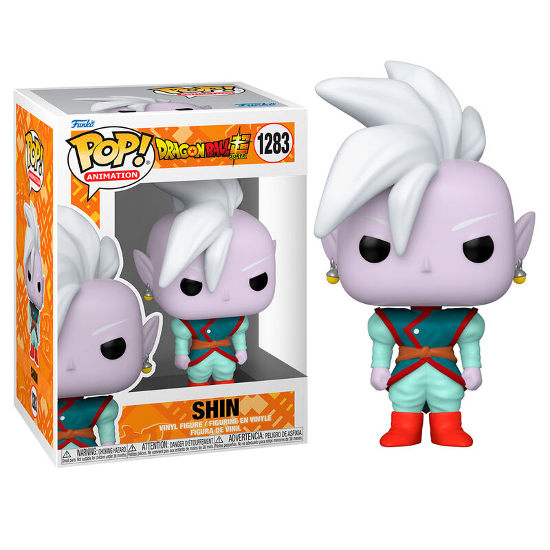 Packaging original de la figurine Funko POP Dragon Ball Super Shin avec logo et illustrations sur fond blanc