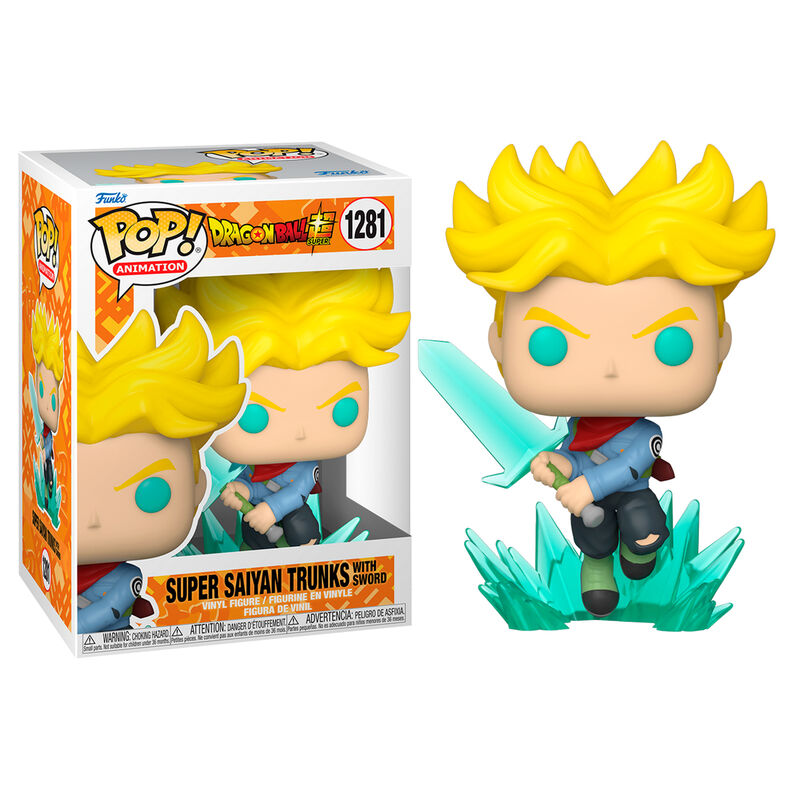 Packaging de la figurine Funko POP Dragon Ball Super Super Saiyan Trunks avec design coloré et logo