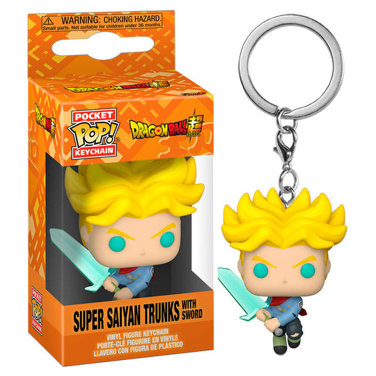 Présentation du porte-clés Dragon Ball Super Trunks avec épée sur fond neutre