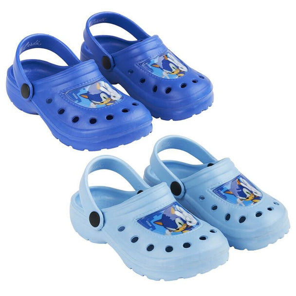 Sabot de plage Sonic The Hedgehog CERDÁ vue de face taille 26/27 en EVA bleu et rouge