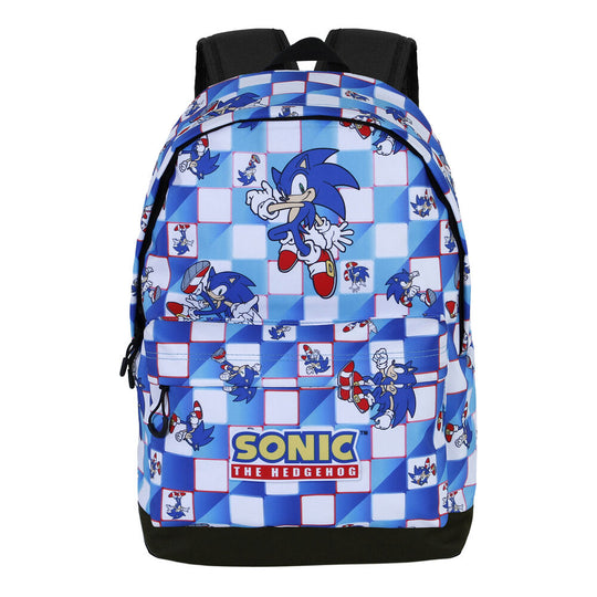Vue latérale du sac à dos Sonic The Hedgehog montrant la poche avant zippée