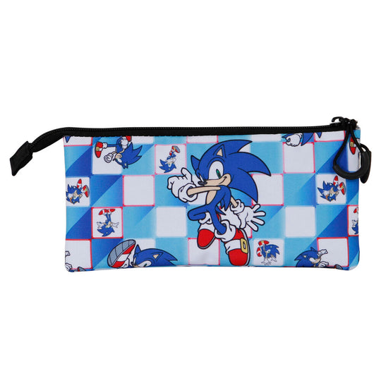 Vue de face de la trousse Sonic The Hedgehog bleue avec trois compartiments visibles