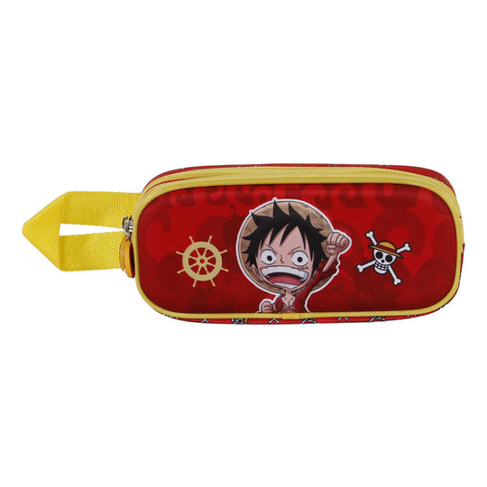 Vue de face de la trousse double compartiment 3D Luffy One Piece avec design embossé en relief