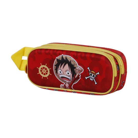 Gros plan sur le design 3D de Luffy en relief sur la face avant de la trousse KARACTERMANIA