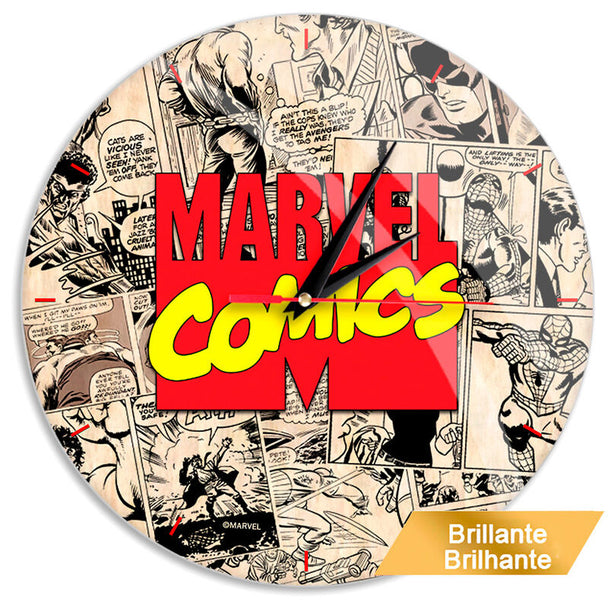 Horloge murale Marvel avec cadran brillant et aiguilles métalliques laquées sur fond blanc