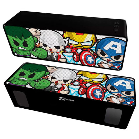 Enceinte Bluetooth Marvel Avengers ERT GROUP vue de face avec logo Marvel lumineux