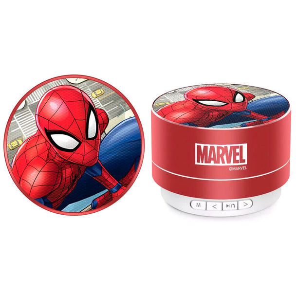 Vue de face de l'enceinte portable Marvel Spiderman avec design compact et boîtier aluminium