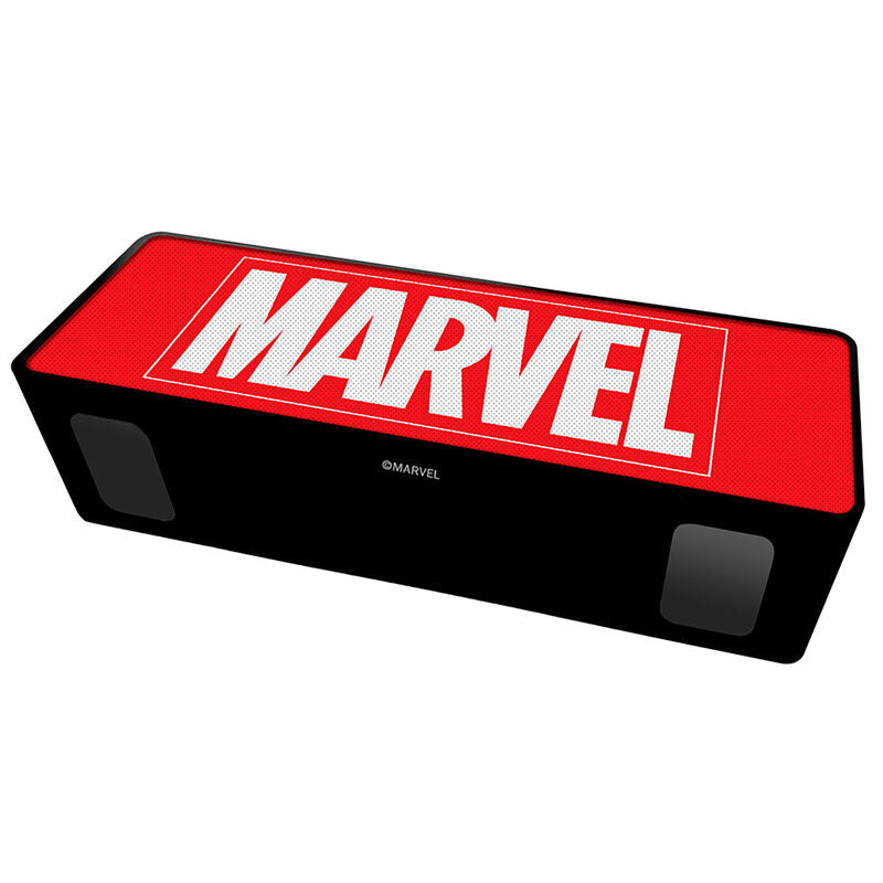 Vue de l'enceinte Marvel avec batterie intégrée 2000 mAh et câble de charge USB inclus