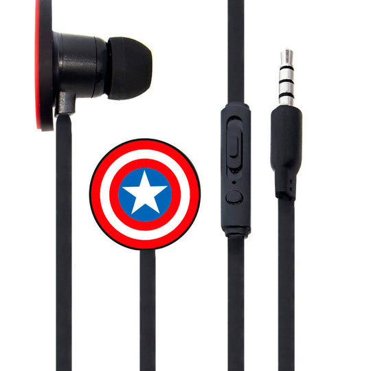 Zoom sur la télécommande multifonction des écouteurs Captain America avec boutons de contrôle