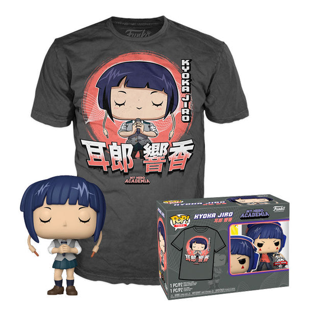 Set exclusif FUNKO My Hero Academia Kyoka Jiro comprenant un T-shirt noir imprimé et une figurine POP aux détails précis.