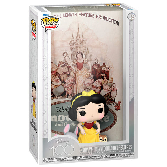 Figurine Funko POP Blanche-Neige avec robe bleue et jaune entourée d'animaux de la forêt Disney 100e anniversaire