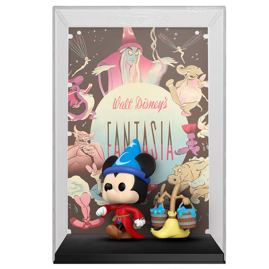 Vue latérale de la figurine Funko POP Mickey en apprenti sorcier avec bâton magique et effets de couleur bleue