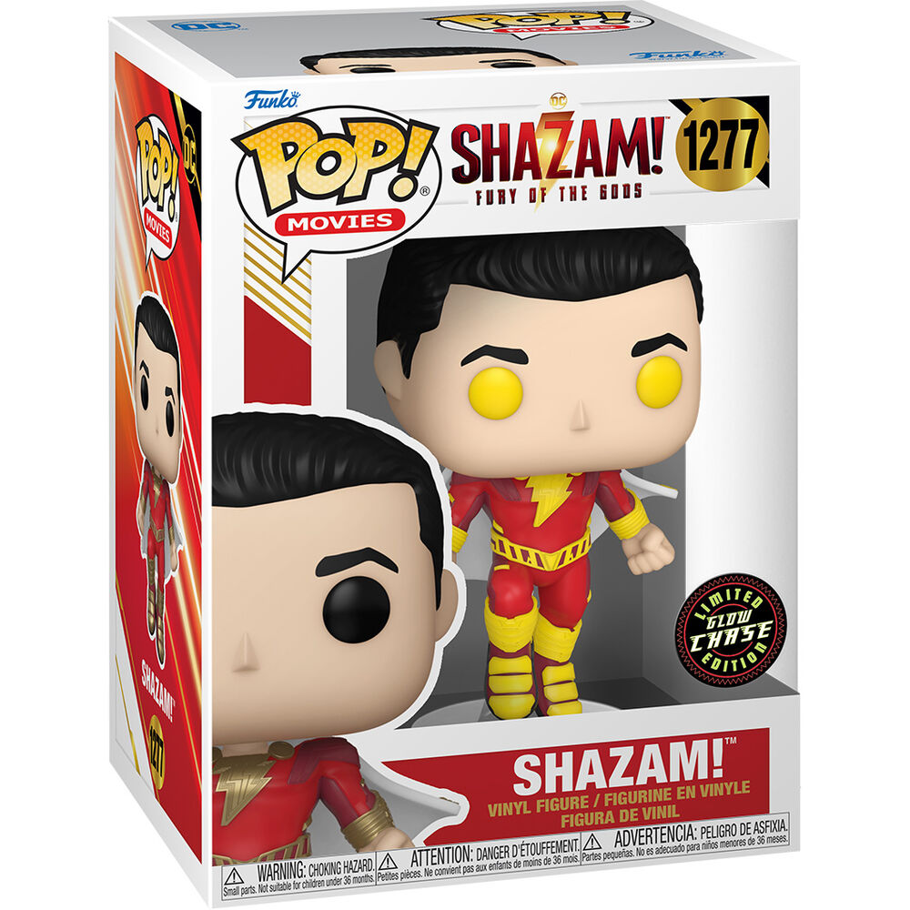 Boîte de la figurine Funko POP Shazam Chase avec logo DC Comics et fenêtre transparente