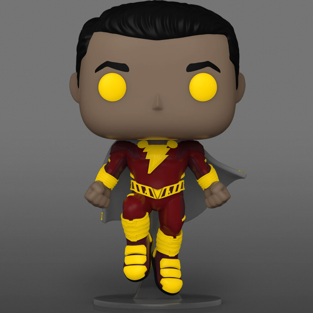 Profil gauche de la figurine Shazam Chase Funko POP montrant les détails du costume rouge et or
