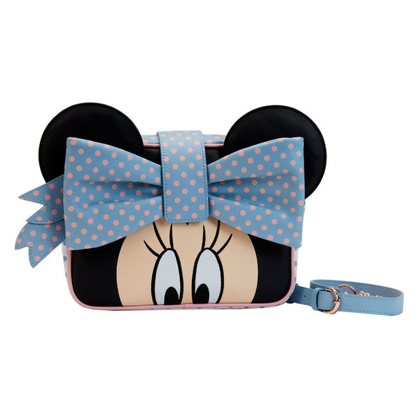 Sac bandoulière Loungefly Minnie Mouse pastel à pois, vue de face avec détails rose gold et cuir vegan