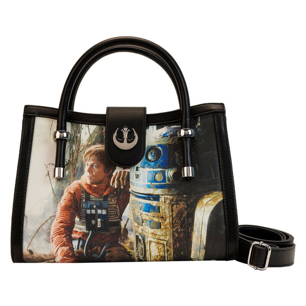 Vue avant du sac bandoulière Loungefly Star Wars The Empire Strikes Back Final Frames en cuir vegan avec détails imprimés