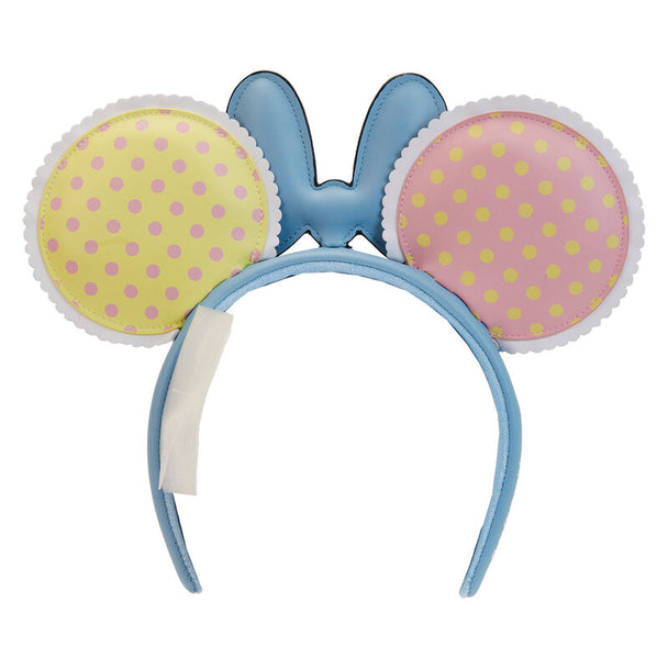 Détail du nœud pastel à pois blanc sur le serre-tête Minnie Mouse Loungefly